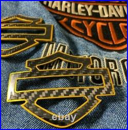 Harley CVO custom tank emblems 3.2 carbon fiber- black w. Gold front outline